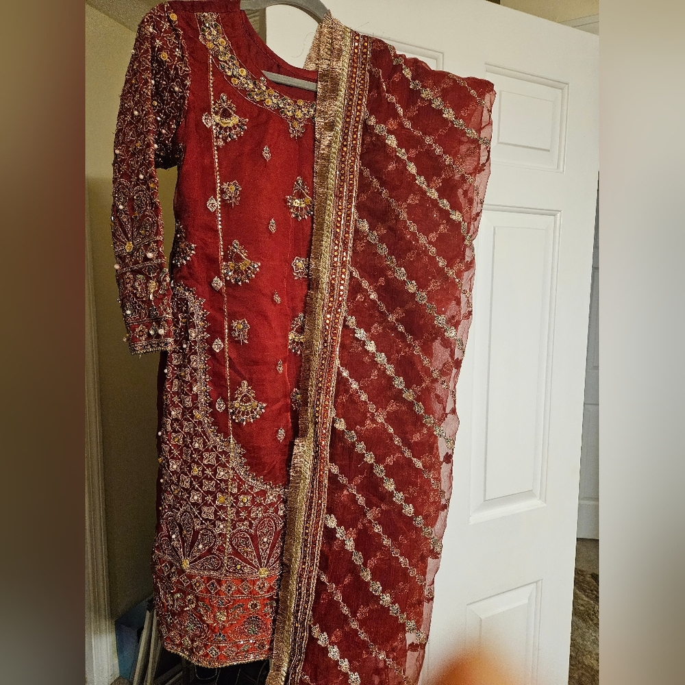Elegant Red and Gold Embroidered Fabric